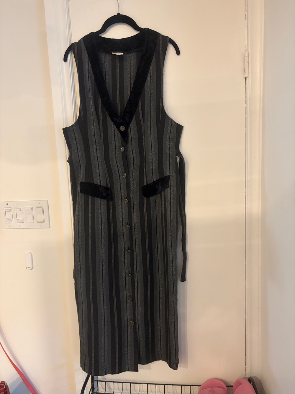 Vintage Sleeveless Black & Gray Striped Button-Front Dress with velvet